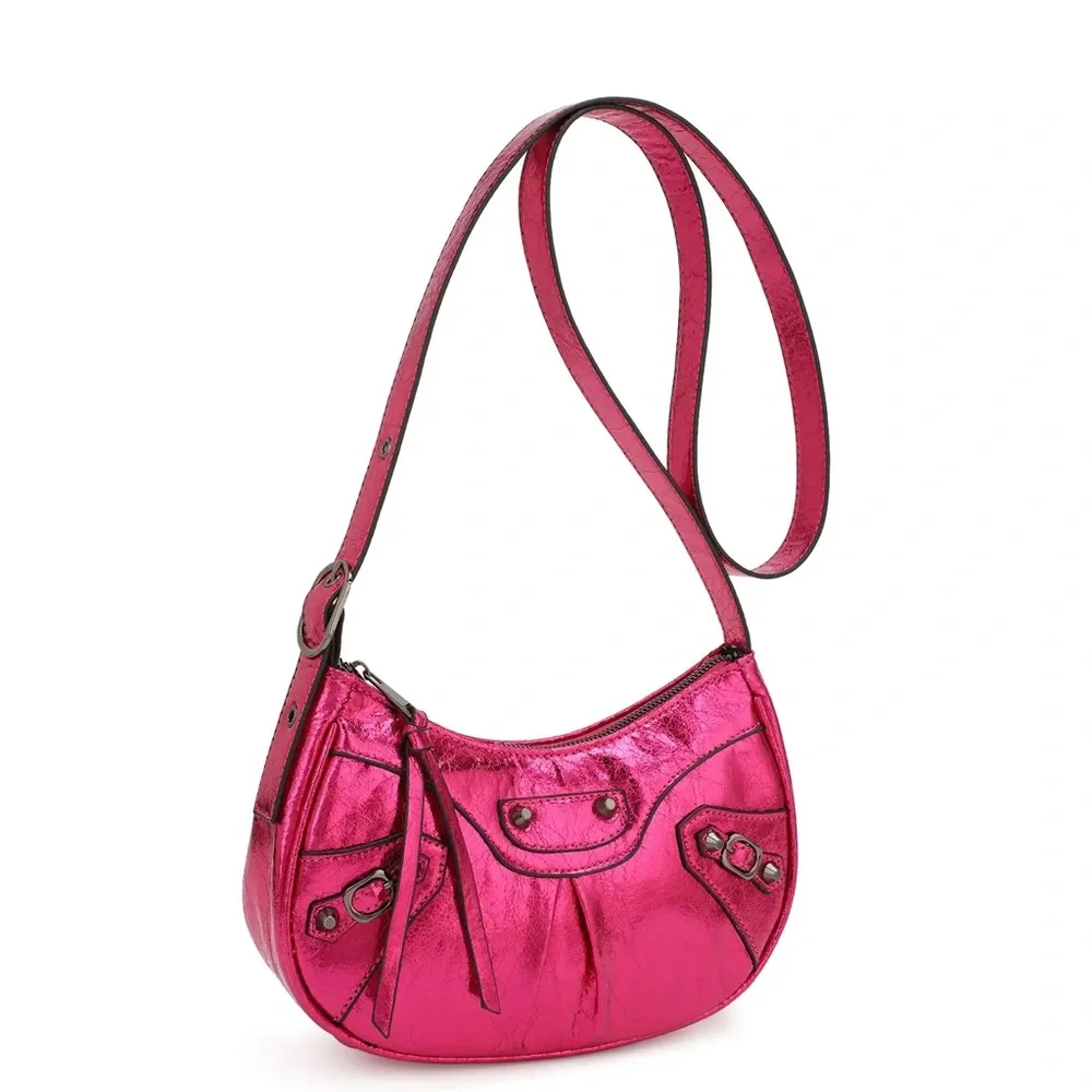Kayla + Ava Metallic Pink Vegan Leather Shoulder Bag | Y2K Style Purse - Picture 4 of 11